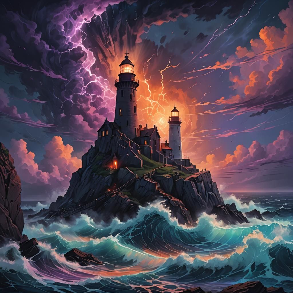 Gothic Lighthouse in Stormy Sea, Dark Fantasy Art