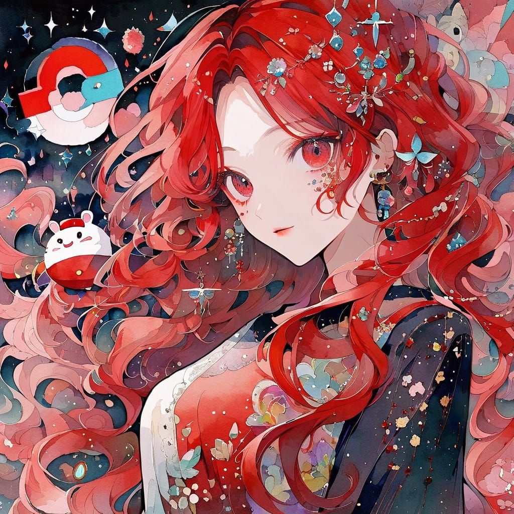 Enchanted Red-Haired Anime Girl in Dreamy Whimsy