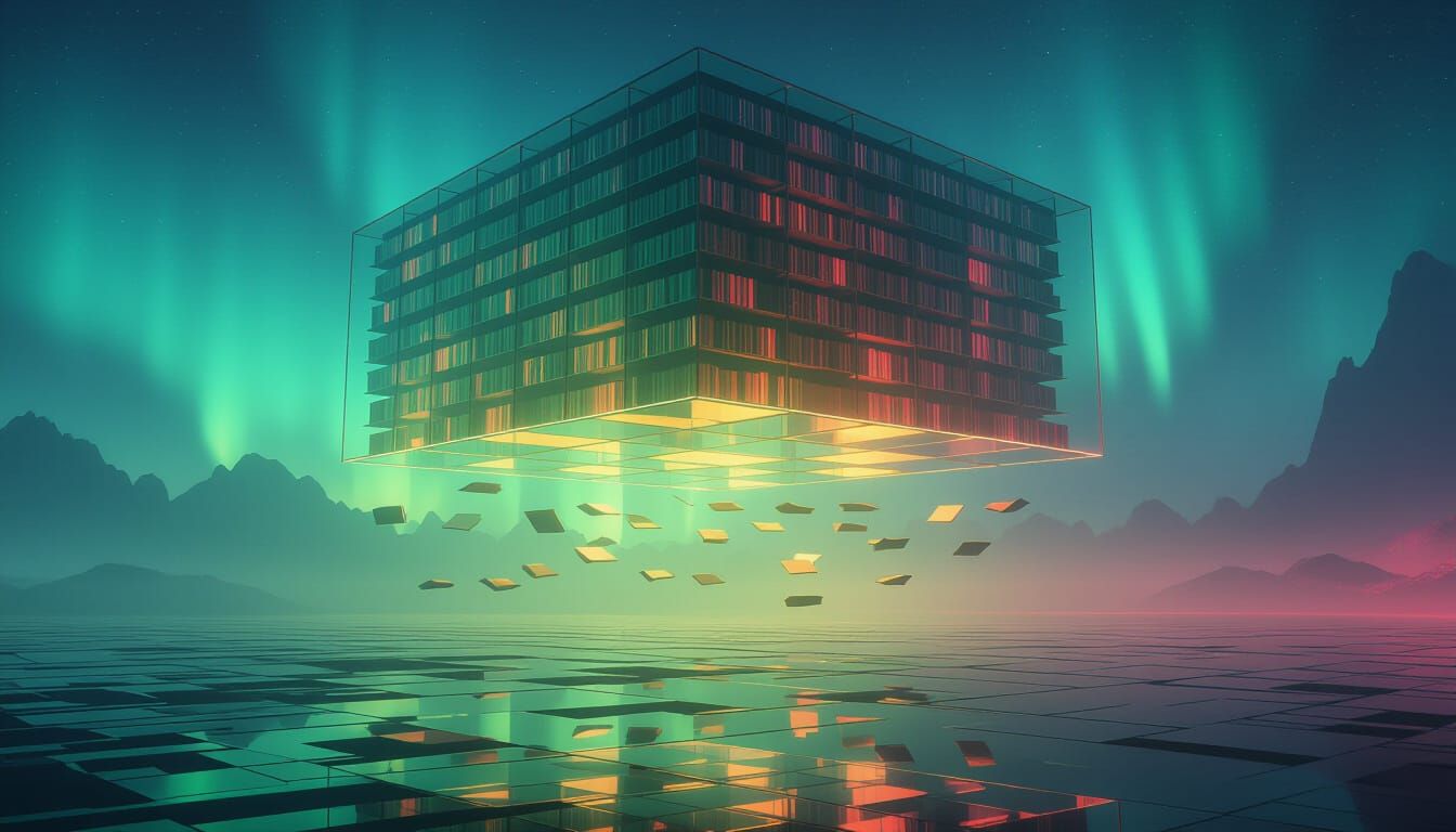 Colossal Glass Library Floats Above Neon Terrain