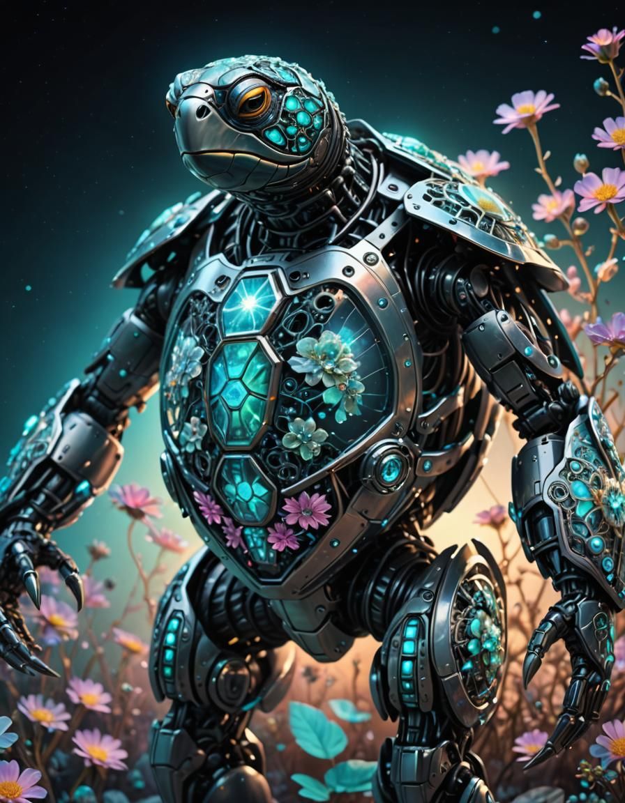 Cyborg Turtle with Neon Firegami in Pastel Colors