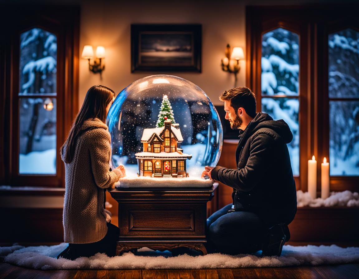 Romantic Snow Globe Proposal on Fireplace Mantle