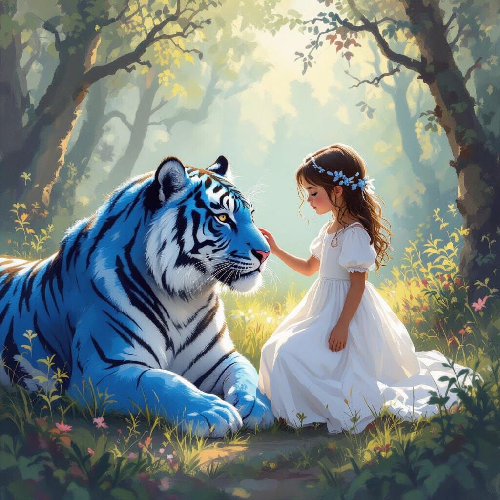 Girl and Blue Tiger in Forest, Painterly Style