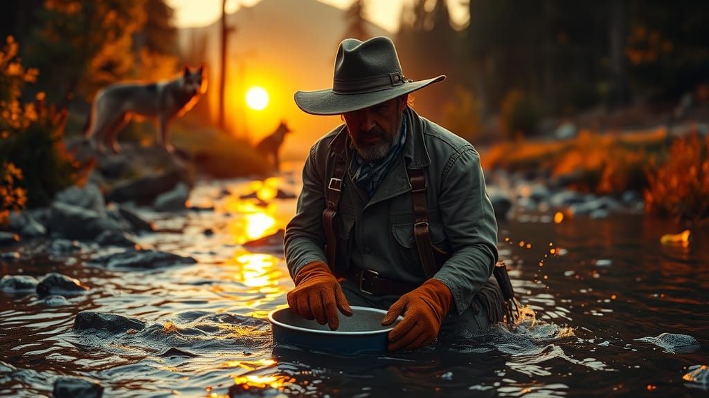 Prospector Panning for Gold as Wolves Watch