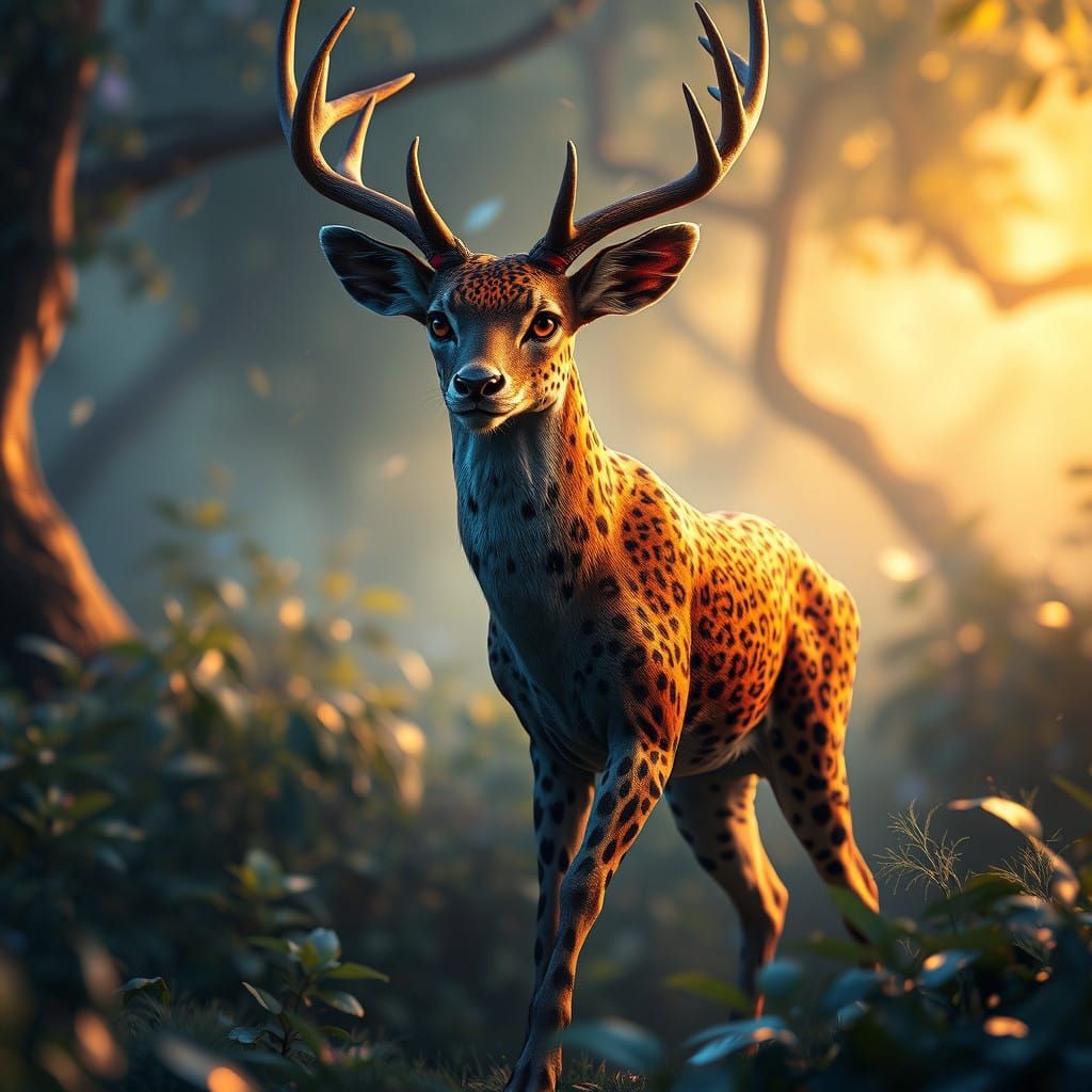 Majestic Deer-Leopard Hybrid in Dreamlike Foliage