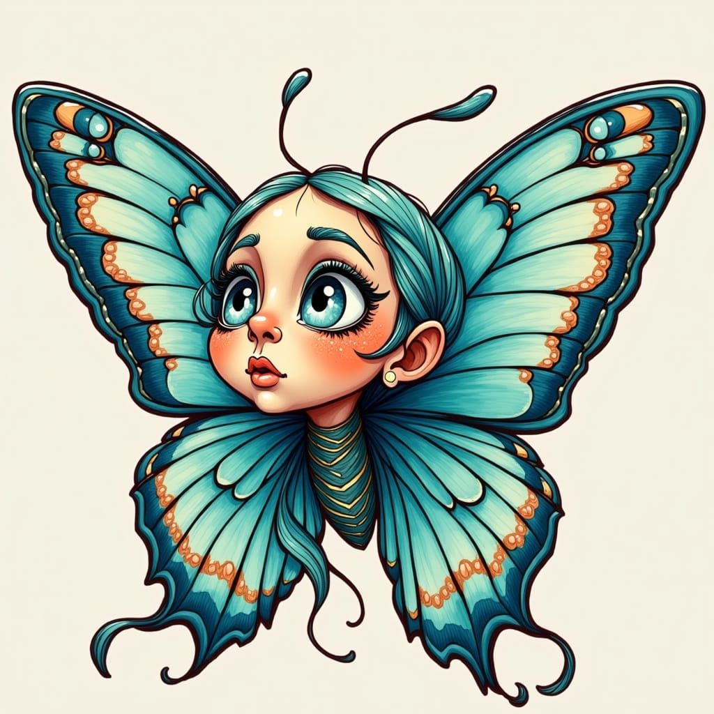Puzzled Butterfly Caricature in Vibrant Colors