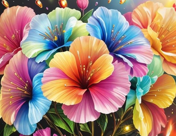 Sparkling Crystal Hibiscus Bouquet in Vibrant Oil Painting S...