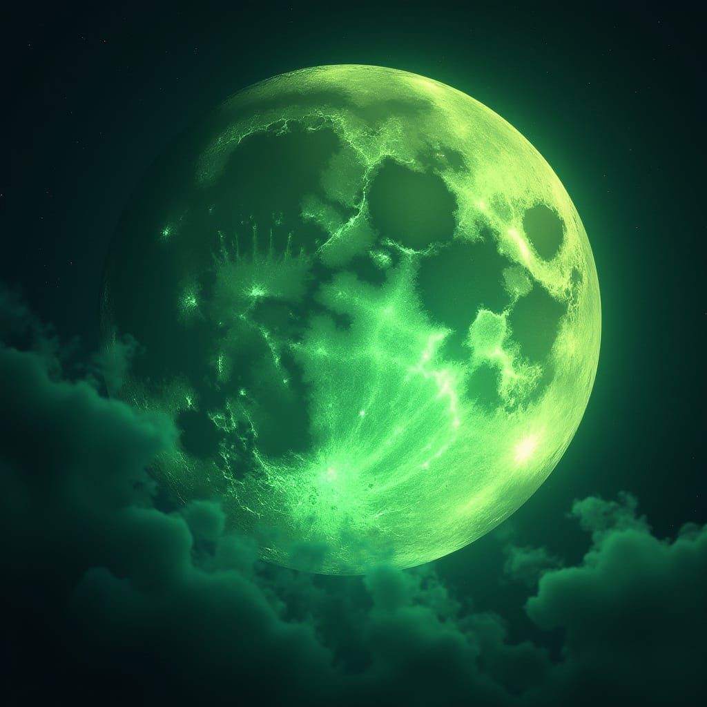 Glowing Green Moon in Cosmic Dreamscape