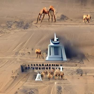 Menacing Desert Temple with Camels