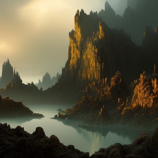 Misty Cliffside Landscape in Dark Fantasy Style