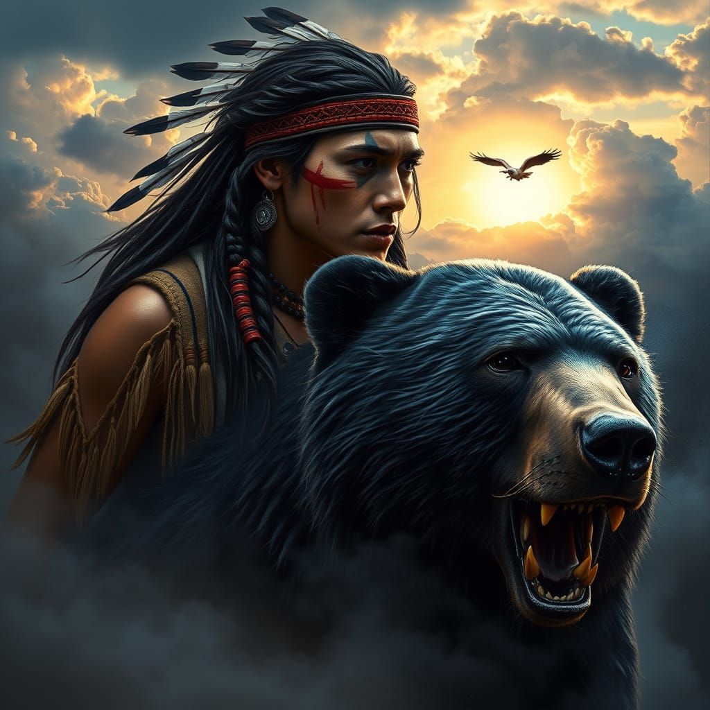Mythic Native American Warrior with Black Bear