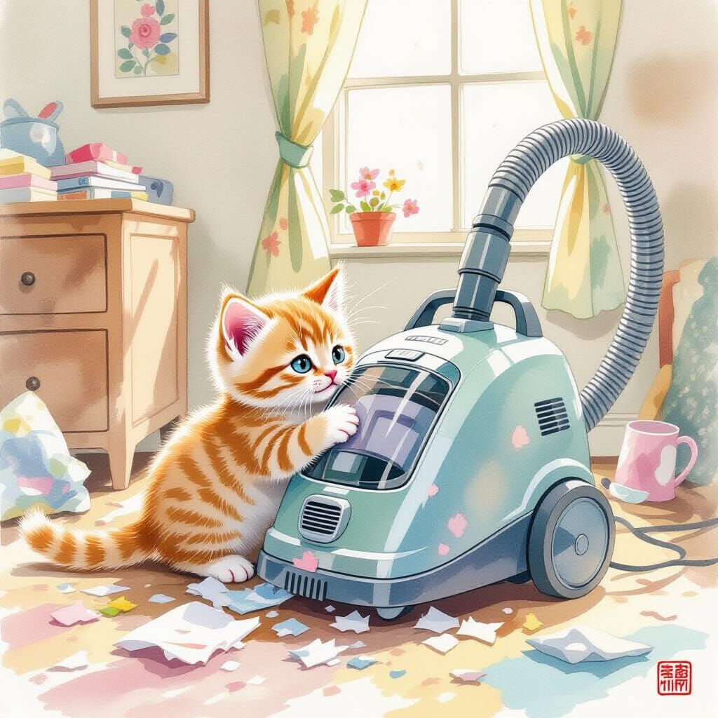 Kitten Swallowed by Vintage Vacuum in Whimsical Watercolor S...