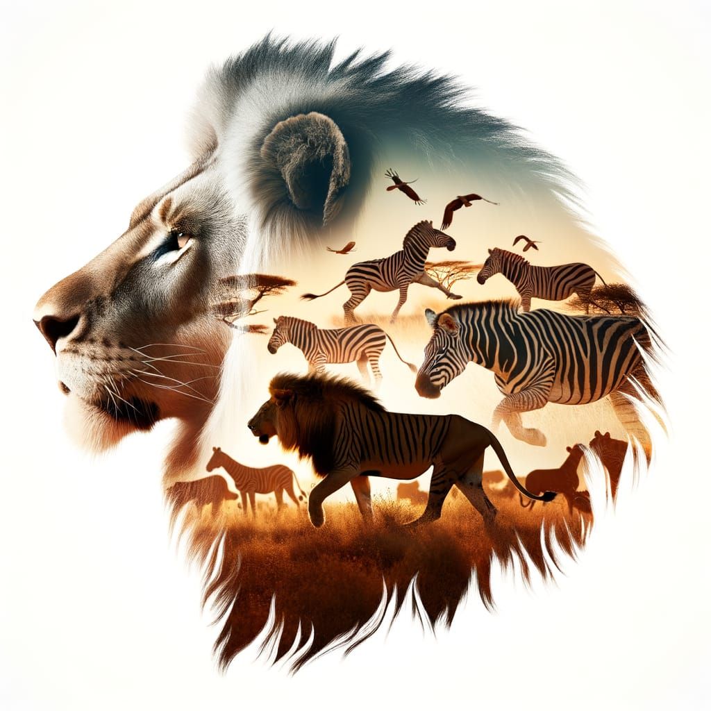 Lion Double Exposure: Male Silhouette with Hunting Lionesses