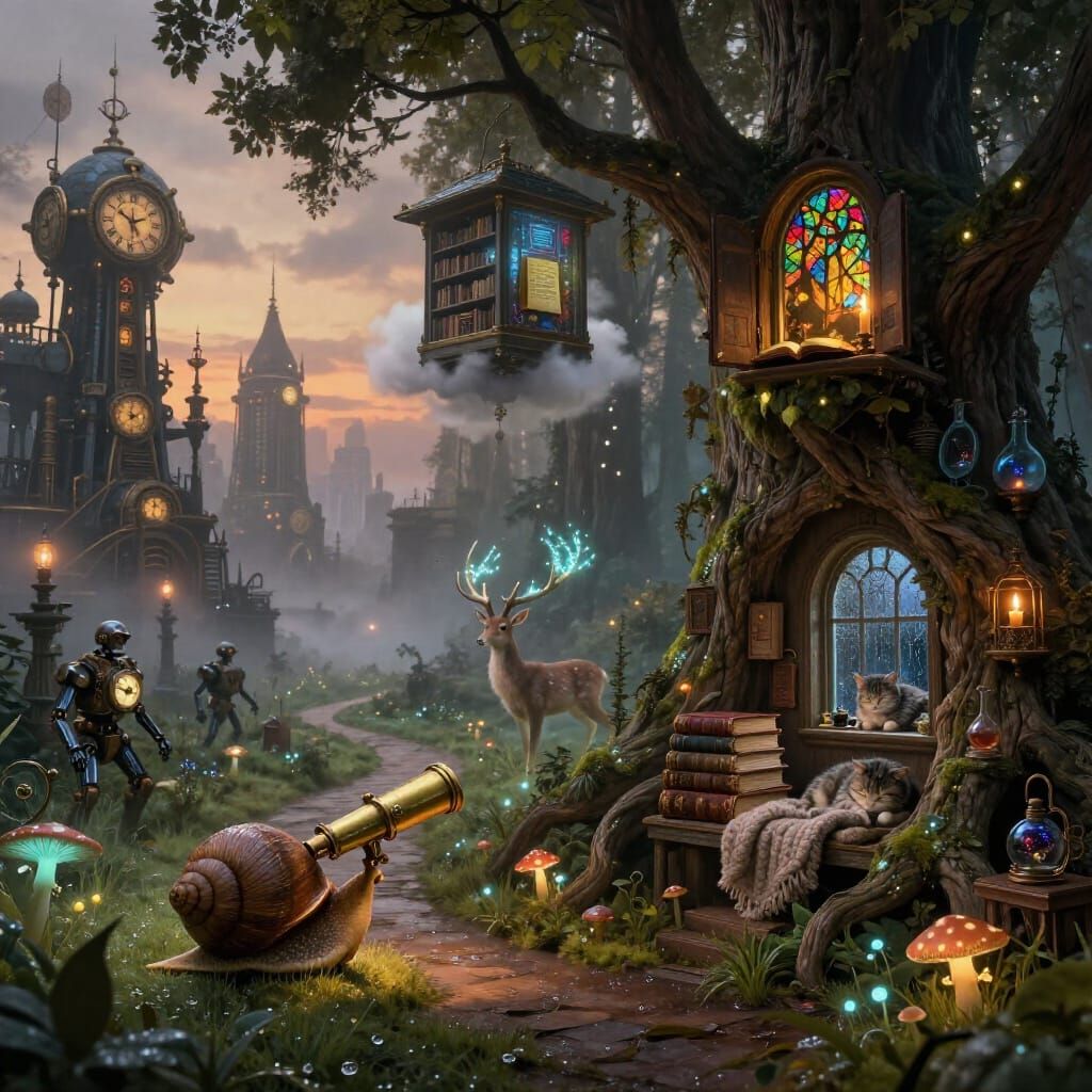 Snail Library Crosses Steampunk City into Mystical Forest