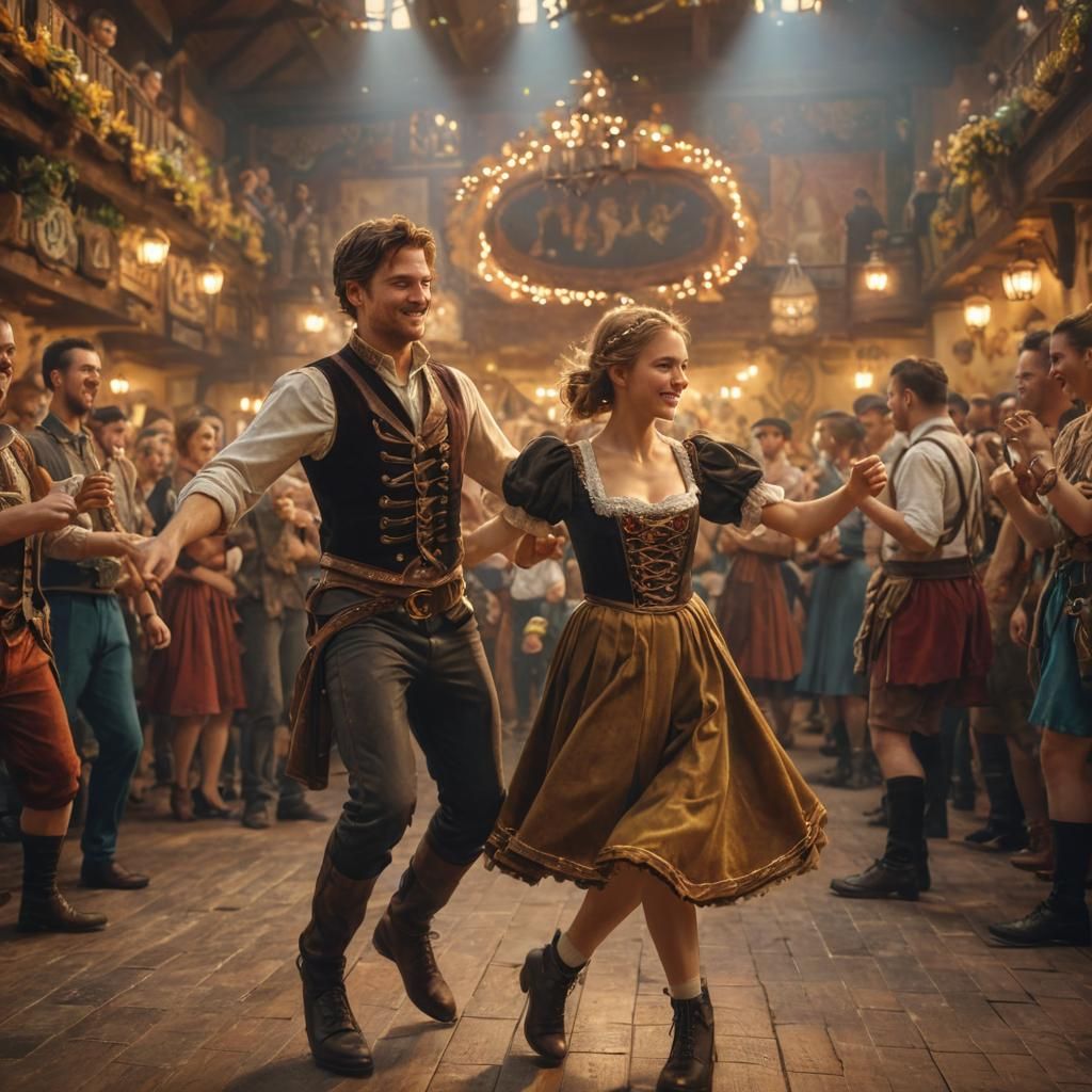 Oktoberfest Scene: Dancing Girl and Boy in Festive Lighting