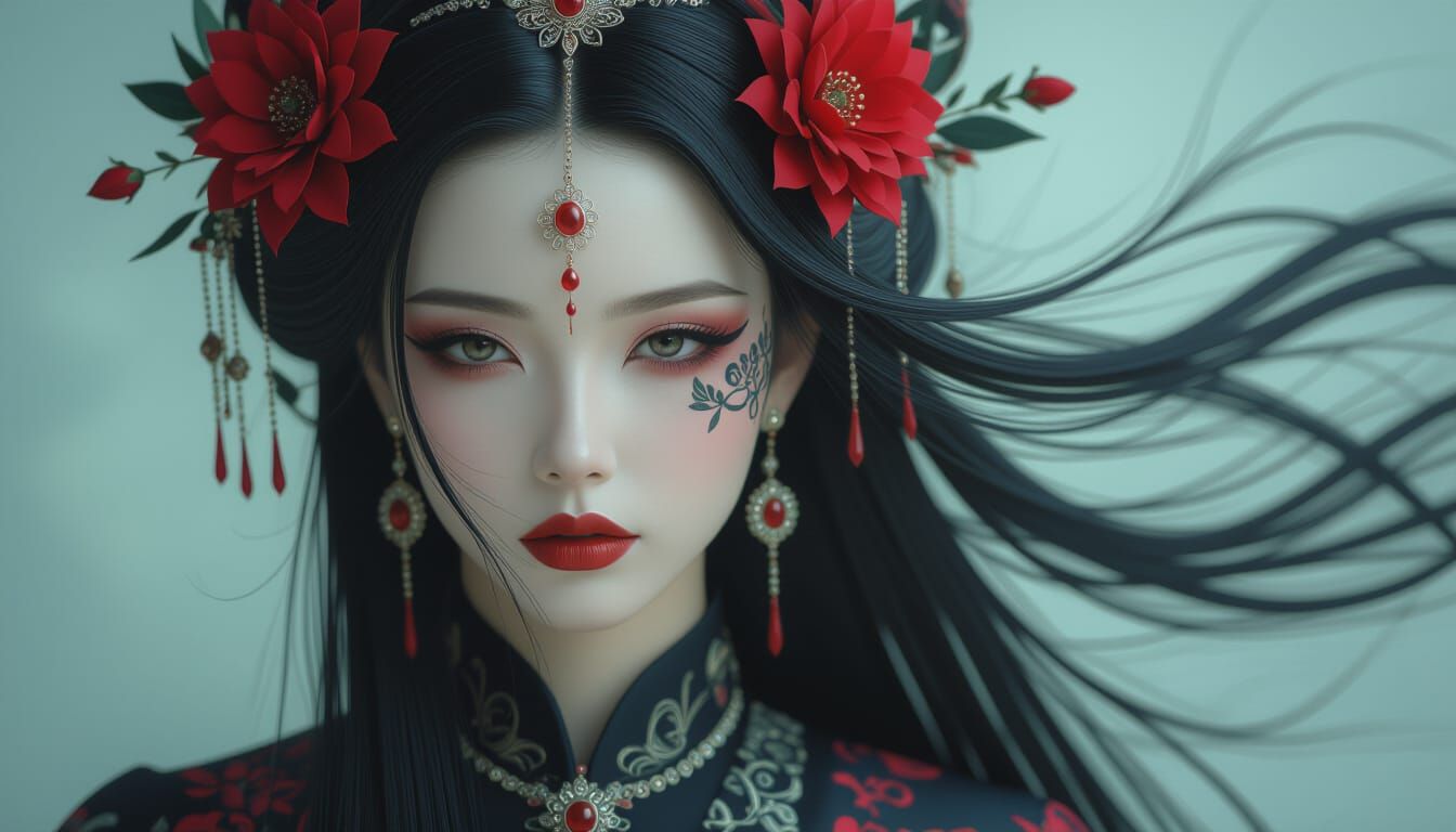 Surreal Dark Magic Woman with Red Flowers