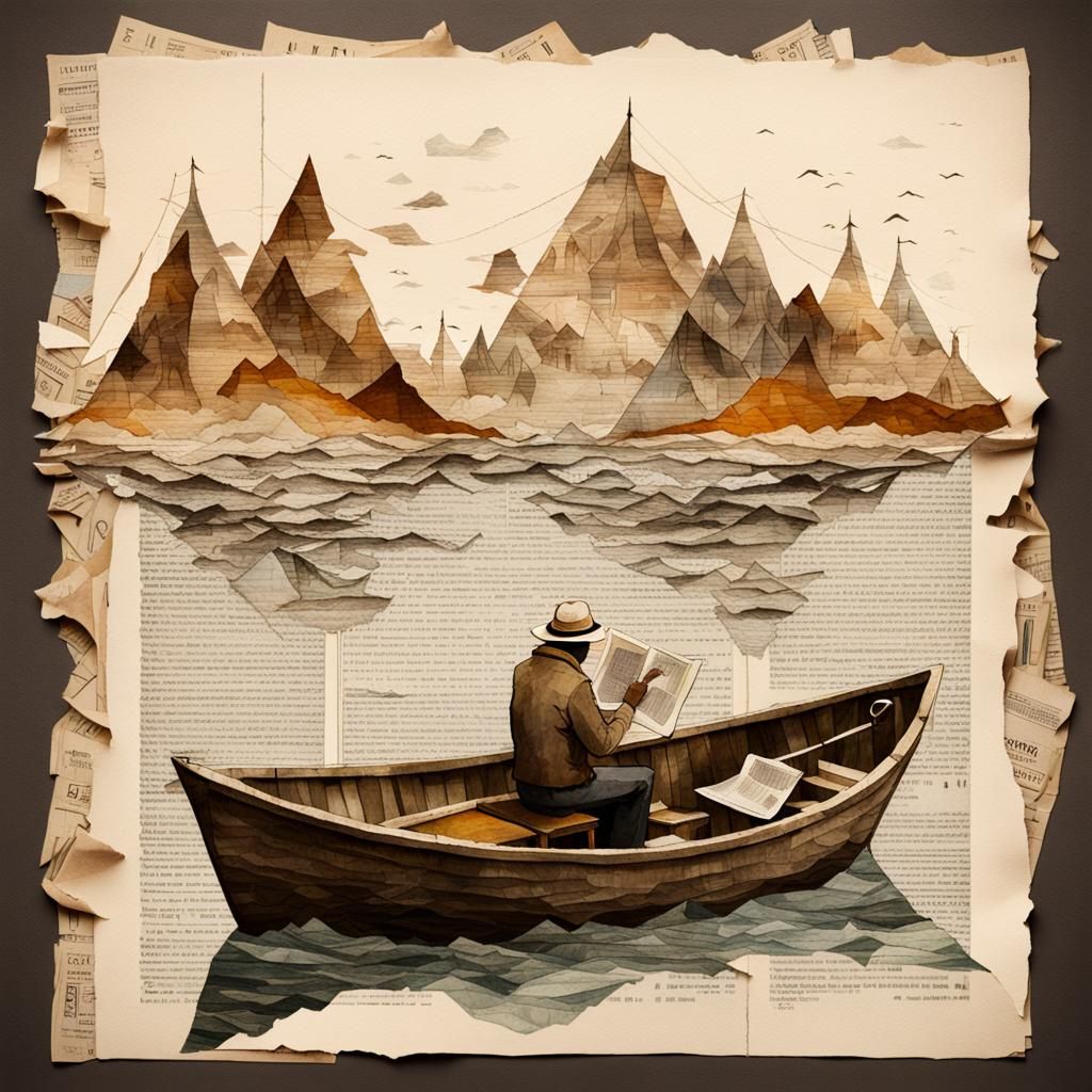 Fisherman on Newspaper in Double Exposure Collage