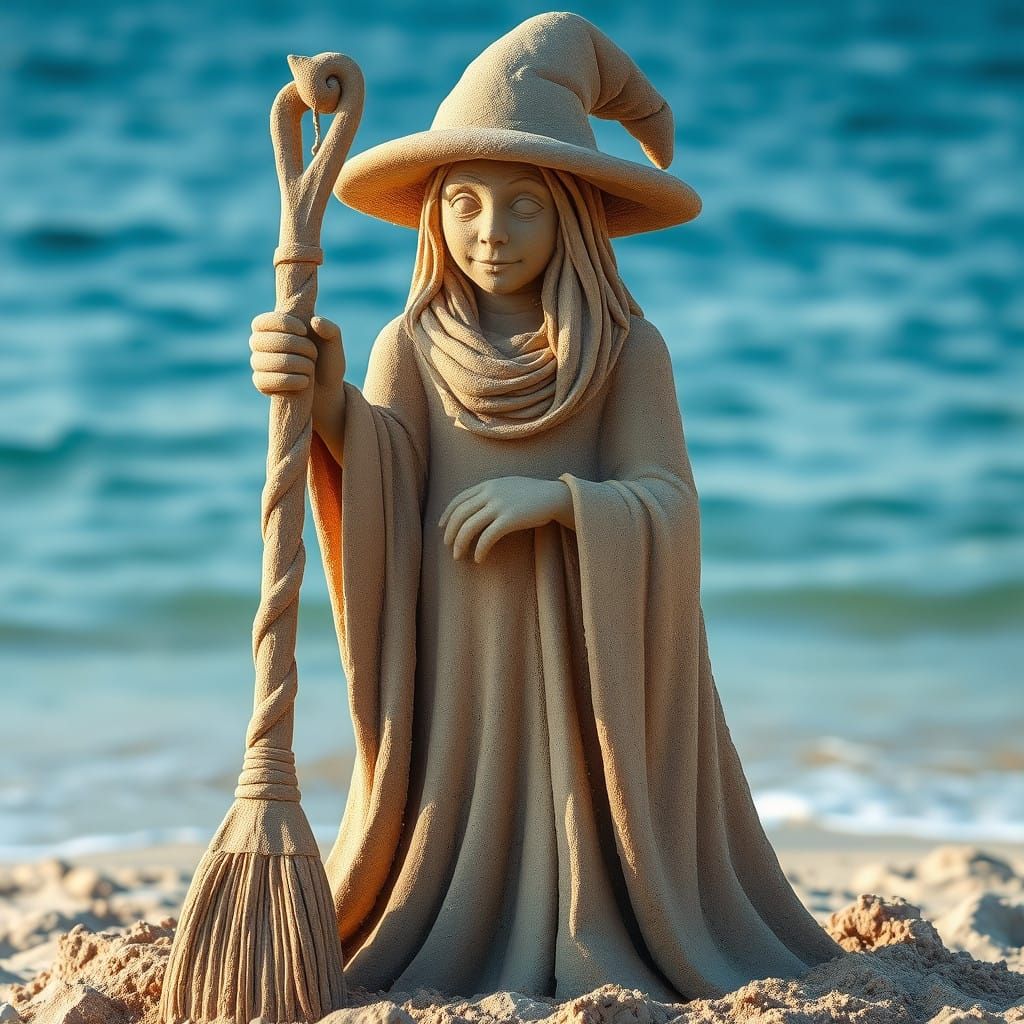 Majestic Sand Witch Sculpture by the Ocean