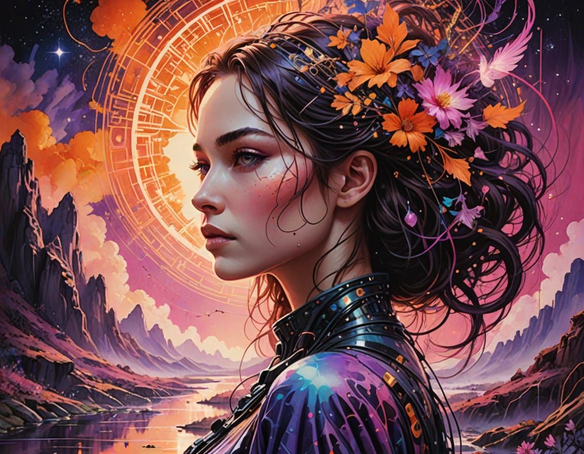 Circuitry Cosmic Dreamscape in Vibrant Watercolor Style