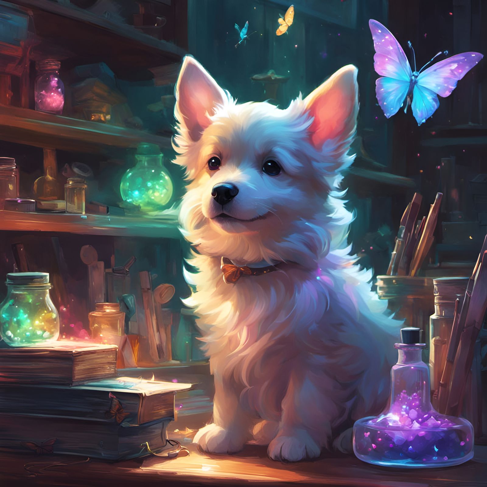 Puppy Surrounded by Magical Potions, Painterly Style