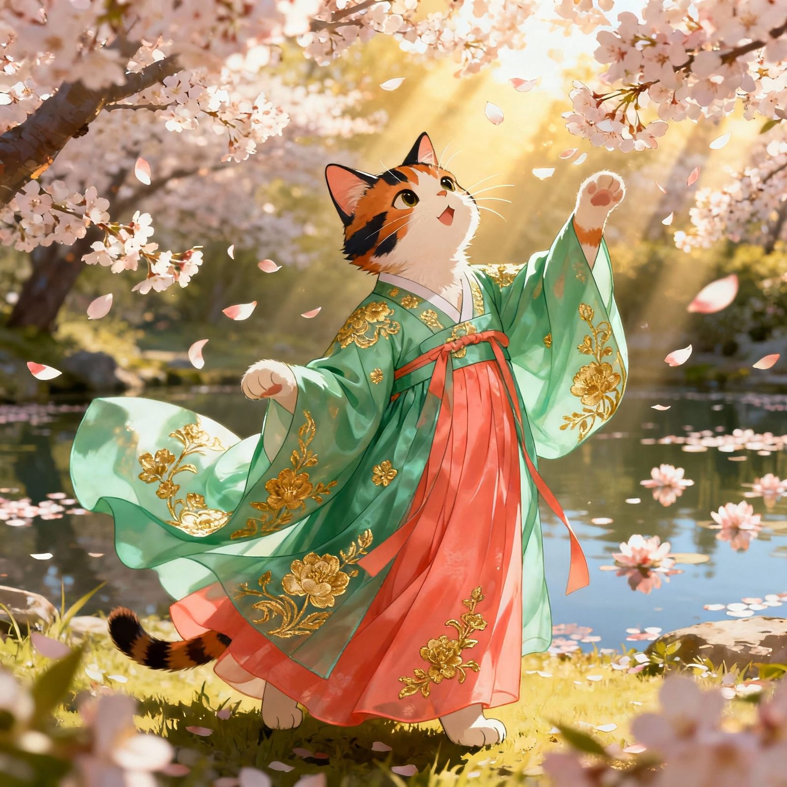 Cute Calico Cat in Hanbok Dancing with Cherry Blossoms