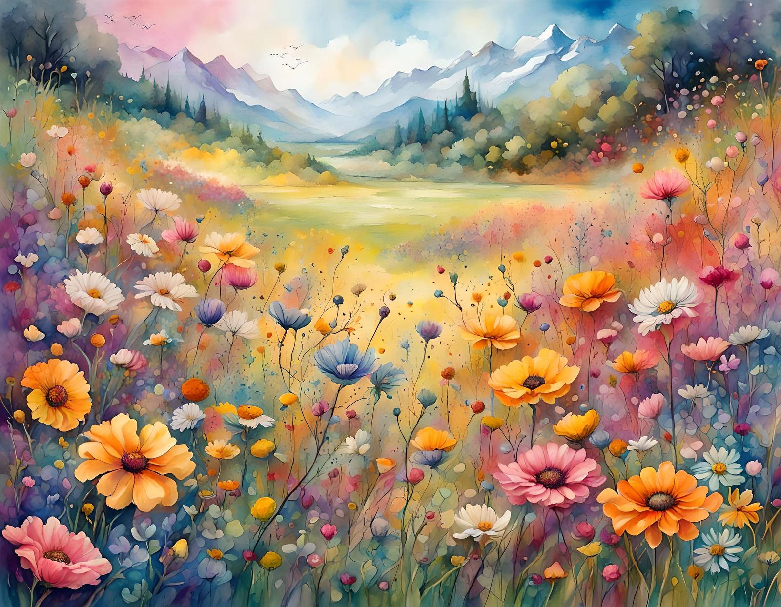 Fantasycore Flower Meadow in Watercolor Style