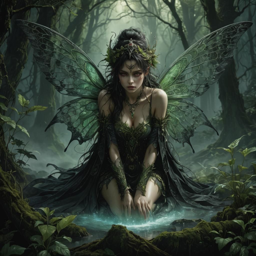 Pixie Girl Praying in Misty Forest, Dark Fantasy Art