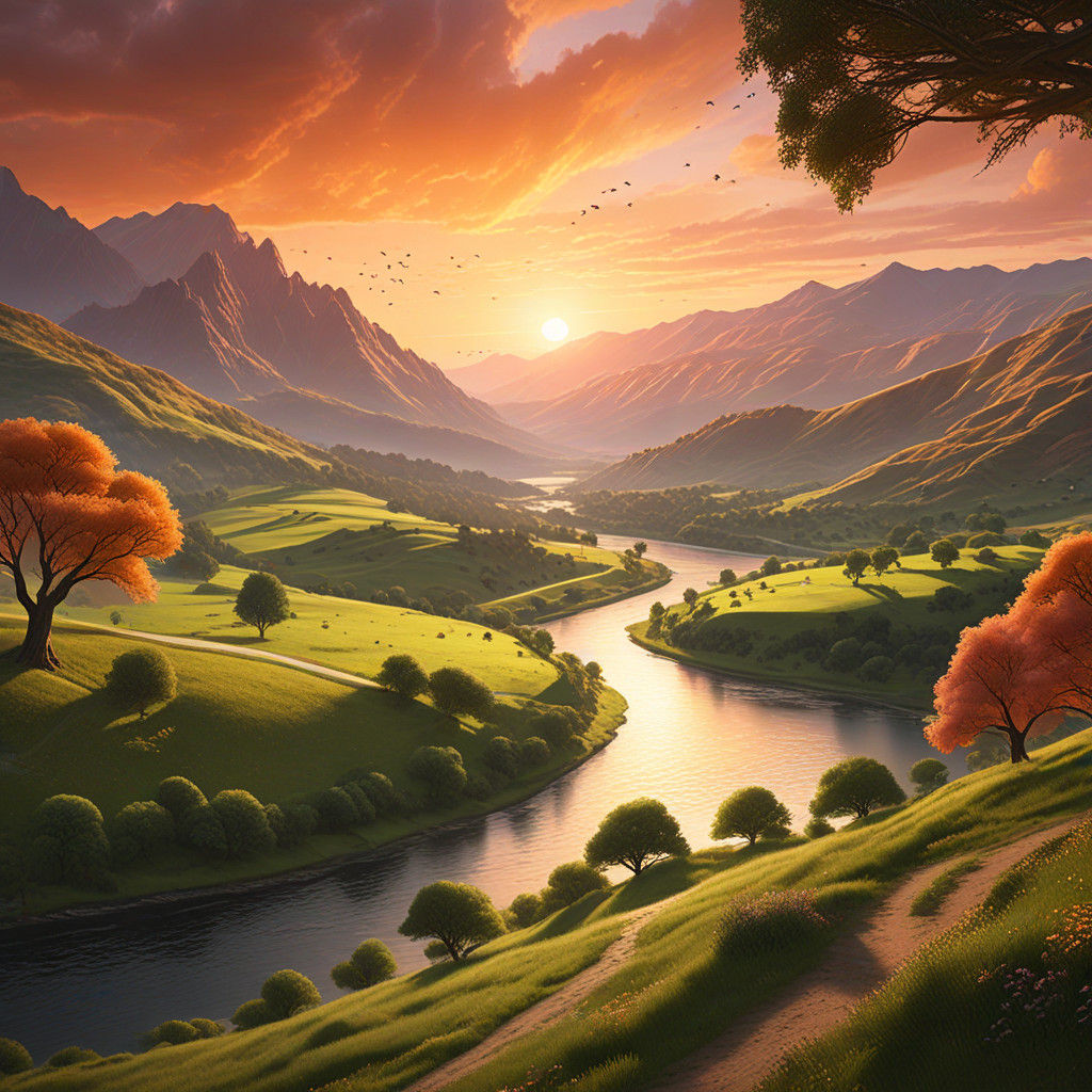 Stunning Sunset over Serene Valley in Grand Digital Matte Pa...