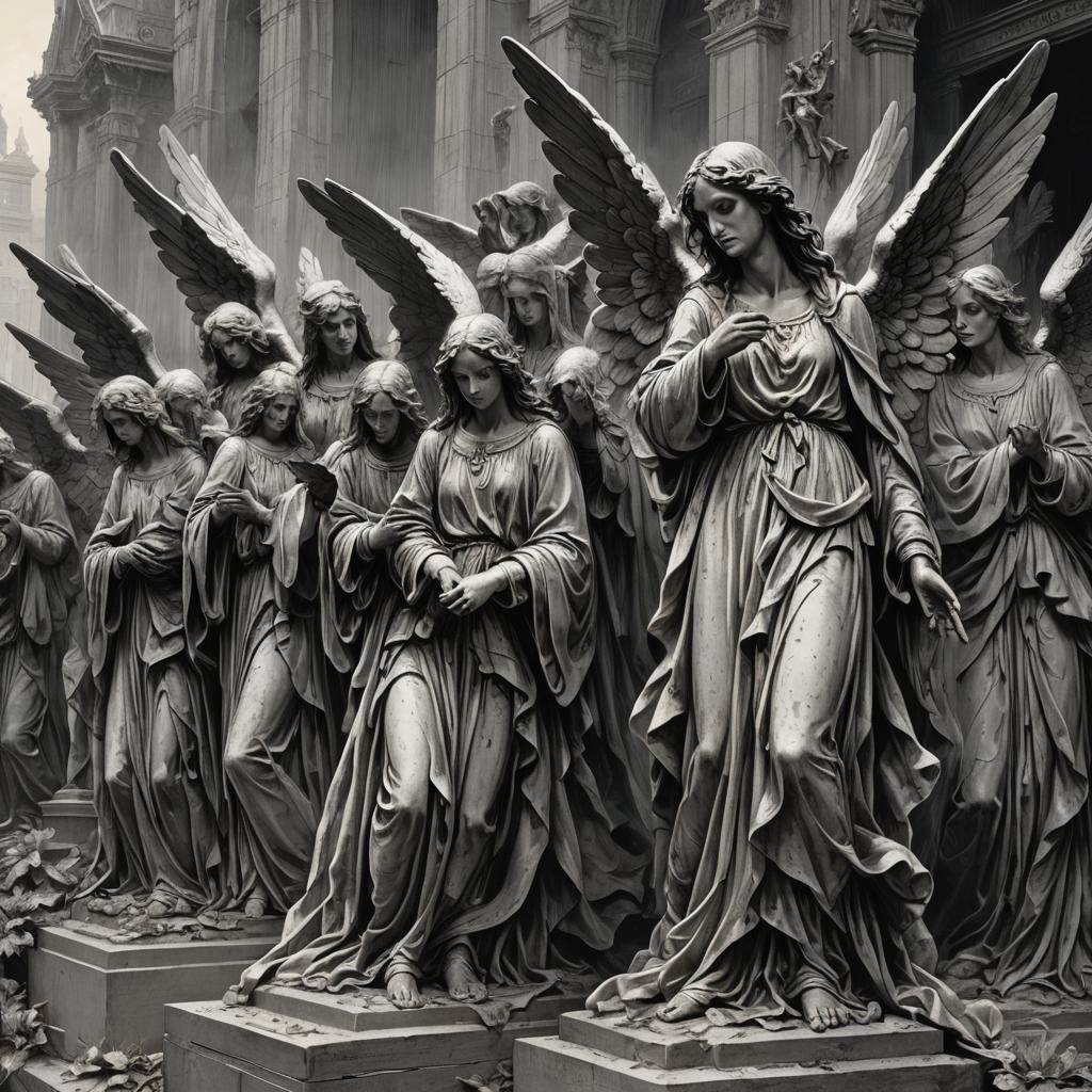Eerie Weeping Angel Statues in Horror Style