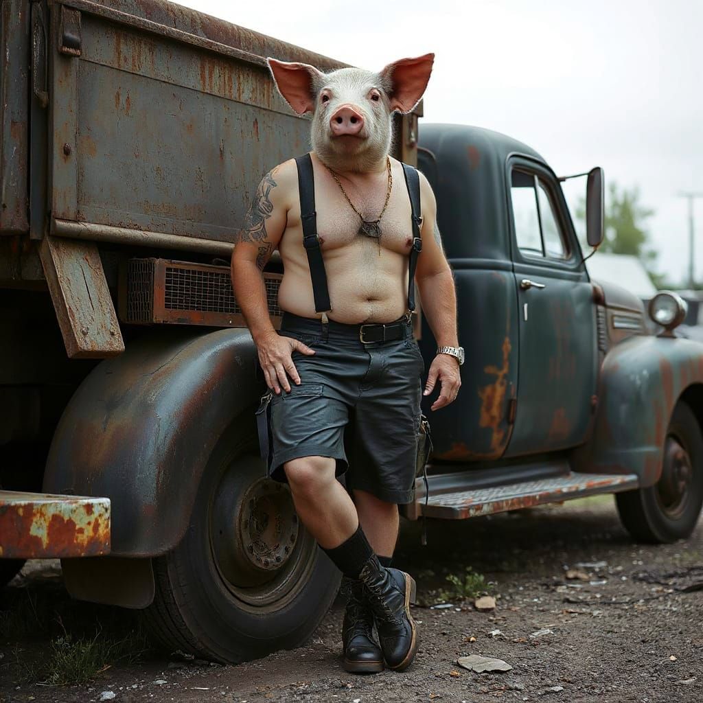 Dieselpunk Pig-Man Leans on Rusty Truck