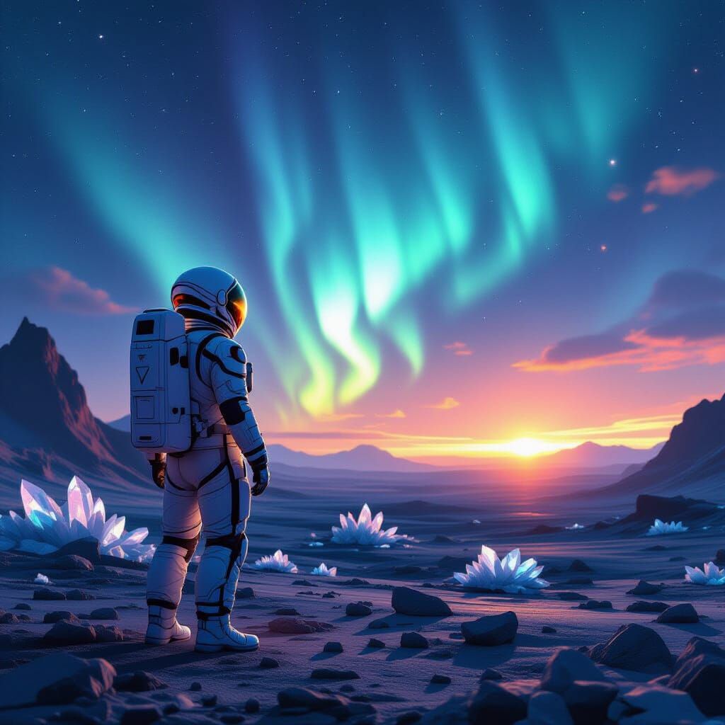 Astronaut on Alien Planet Under Aurora Sky