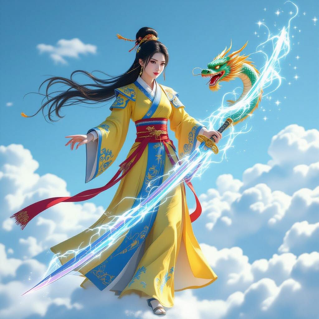 Chinese Lady on Flying Sword with Dragon in Digital Art