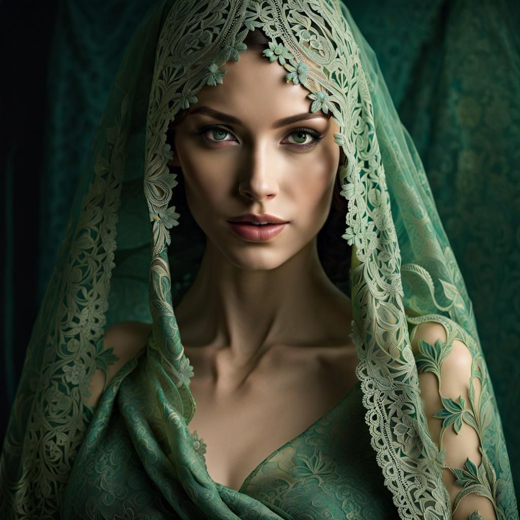 Enigmatic Woman in Lace Shawl: Hyperdetailed Portrait
