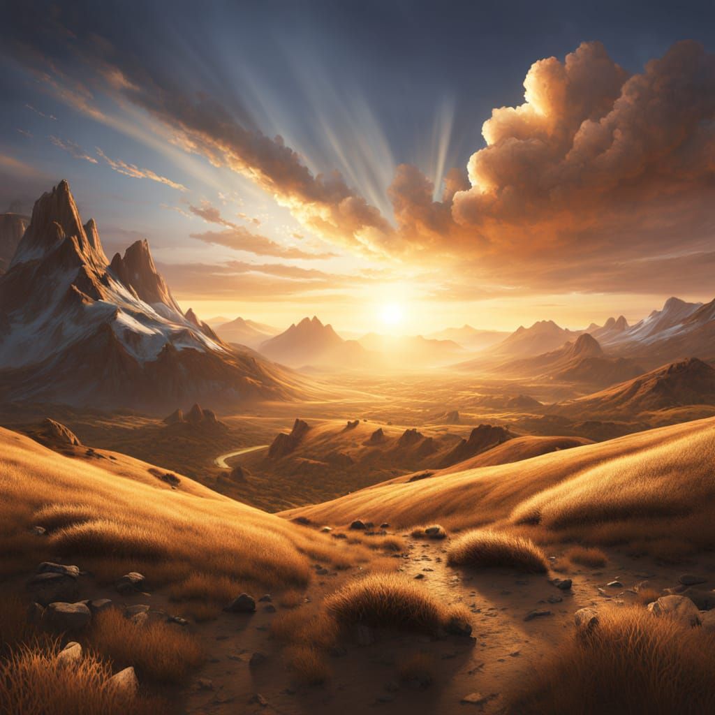 Ethereal Sunrise Landscape with Golden Hour Light