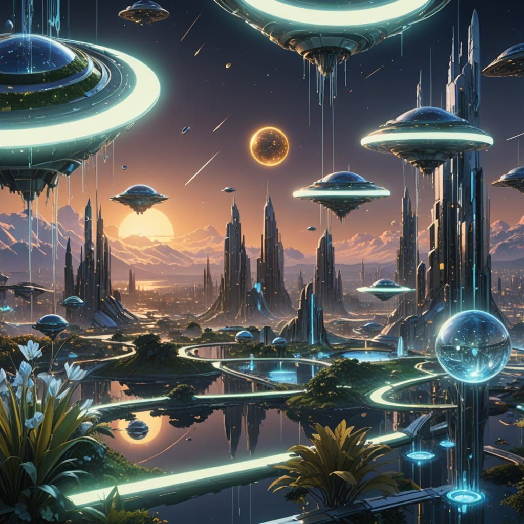 Surreal Futuristic Utopia with Glowing Gardens and Holograph...