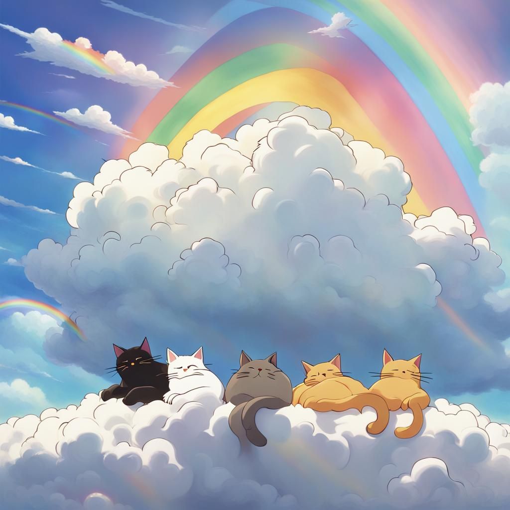 Cats Sleeping on Cloud in Ghibli Anime Style