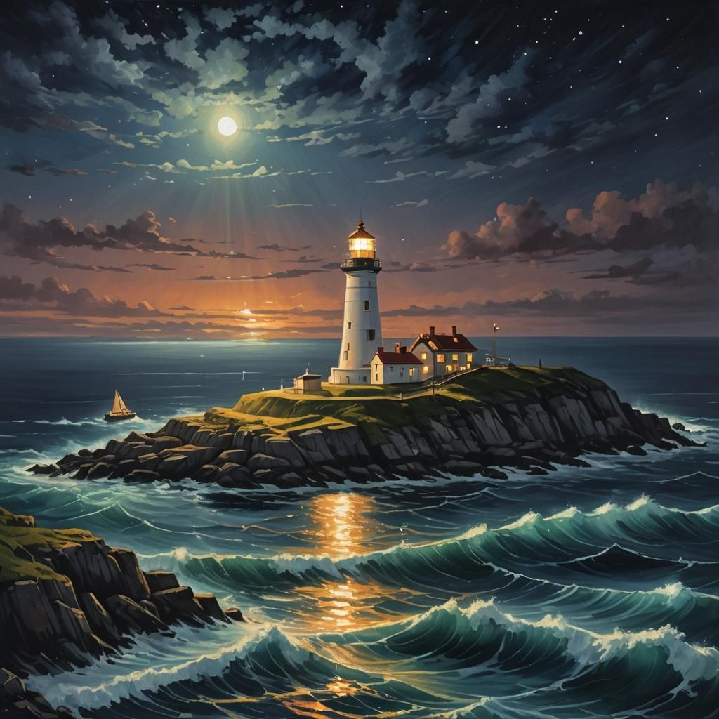 Lighthouse at Night with Ship in Ocean