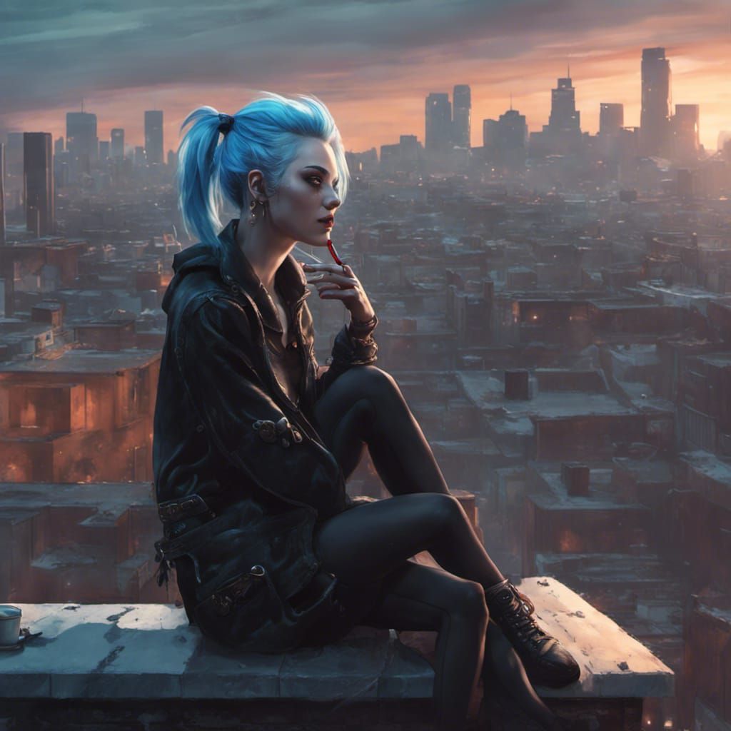Goth Girl on Rooftop in Hyperdetailed Dark Fantasy