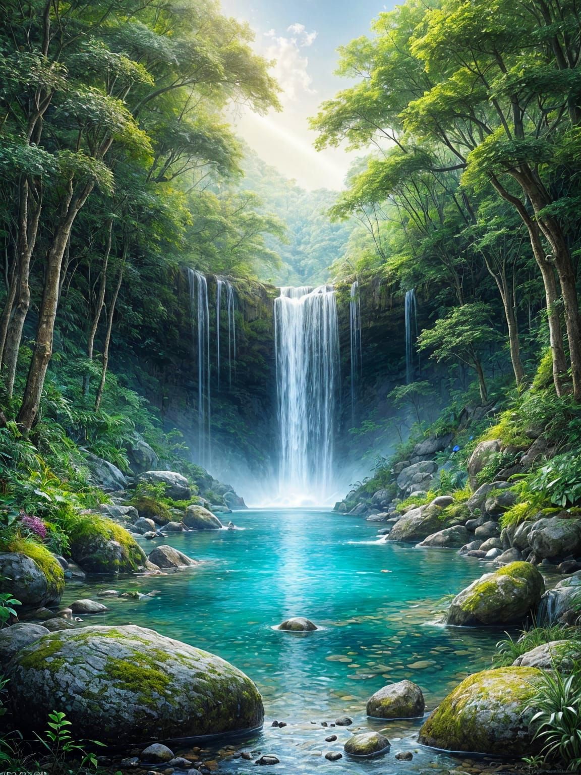 Hidden Waterfall Serene Landscape with Sunlight