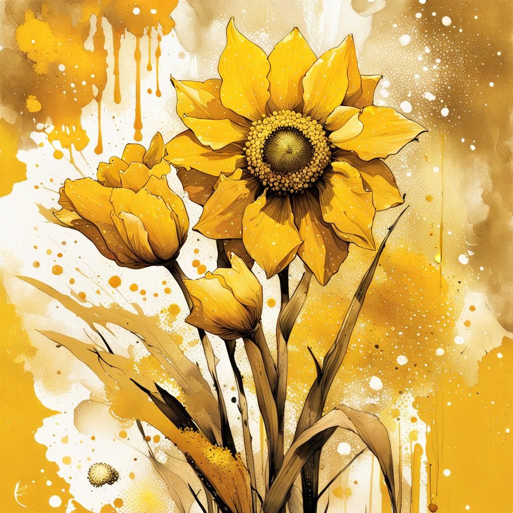 Golden Flowers in Pointillist Sunshine