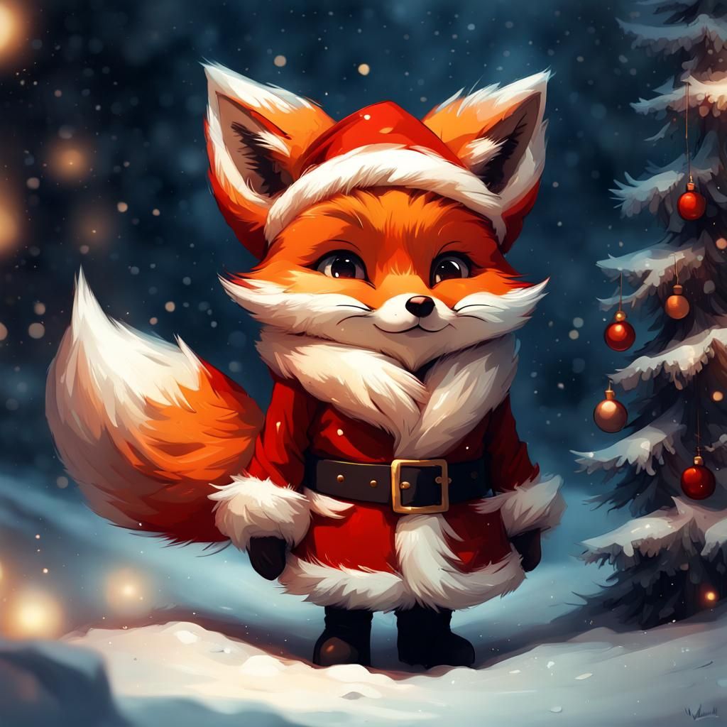 Fox Santa Claus in Christmas Atmosphere, Detailed Digital Ar...