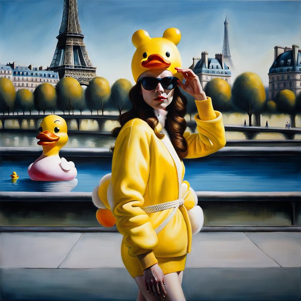 Humorous Paris Scene with Woman in Costume