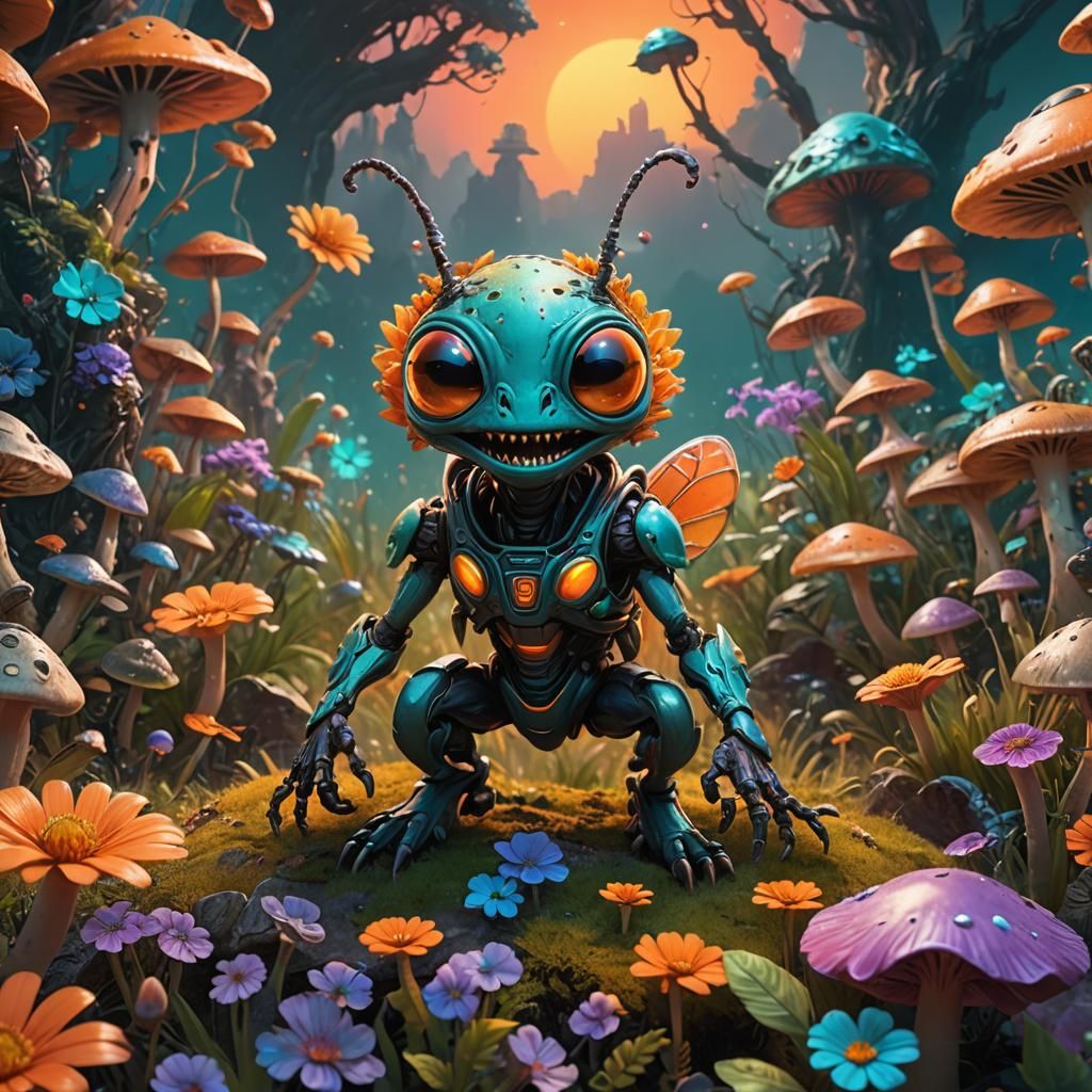 Happy Alien Bug on Alien Planet at Sunset