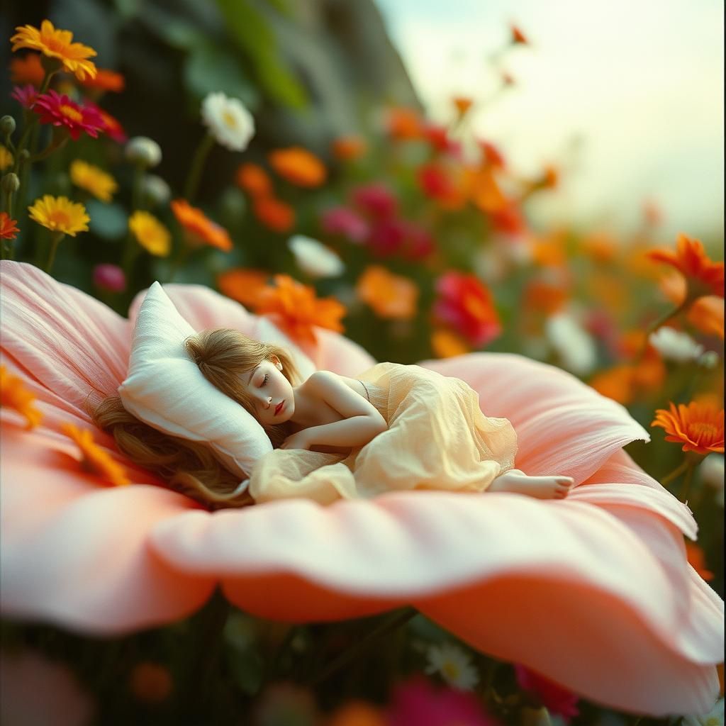 Dainty Woman Sleeps on Flower Petal Bed