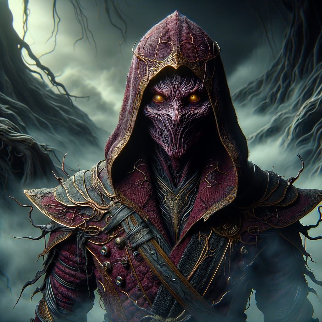 Dark Fantasy Ninja with Yellow Eyes in Foggy Landscape