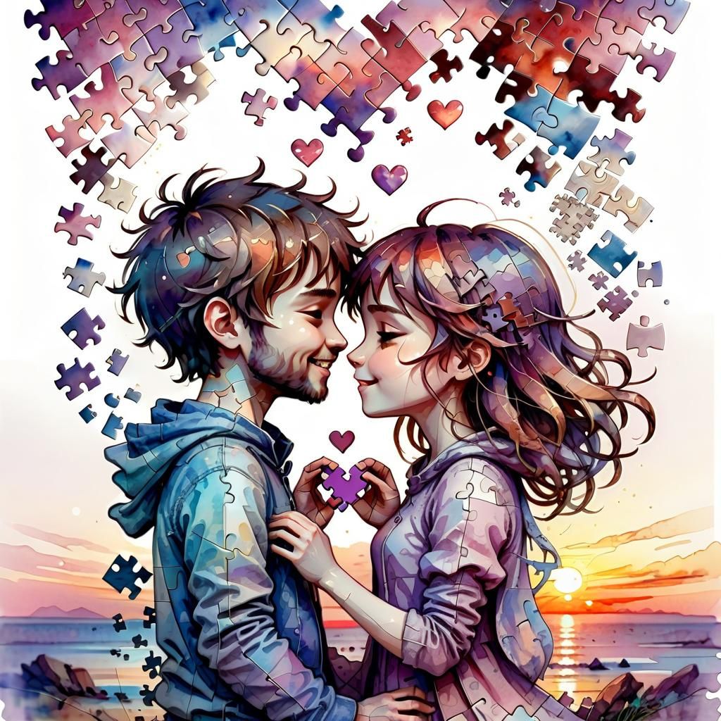 Chibi Puzzle Couple in Watercolor Sunset