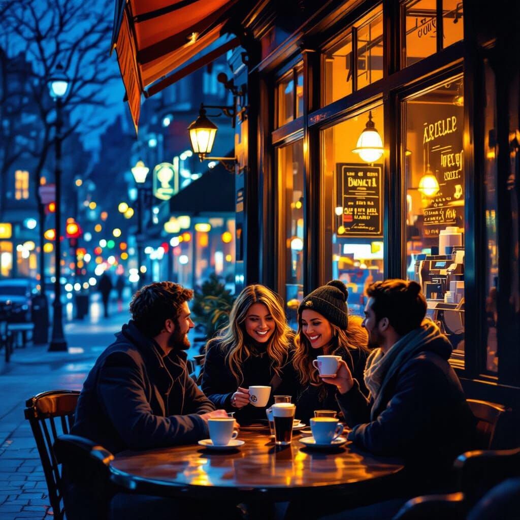 Cozy 24h Coffeeshop at Night with Happy Patrons