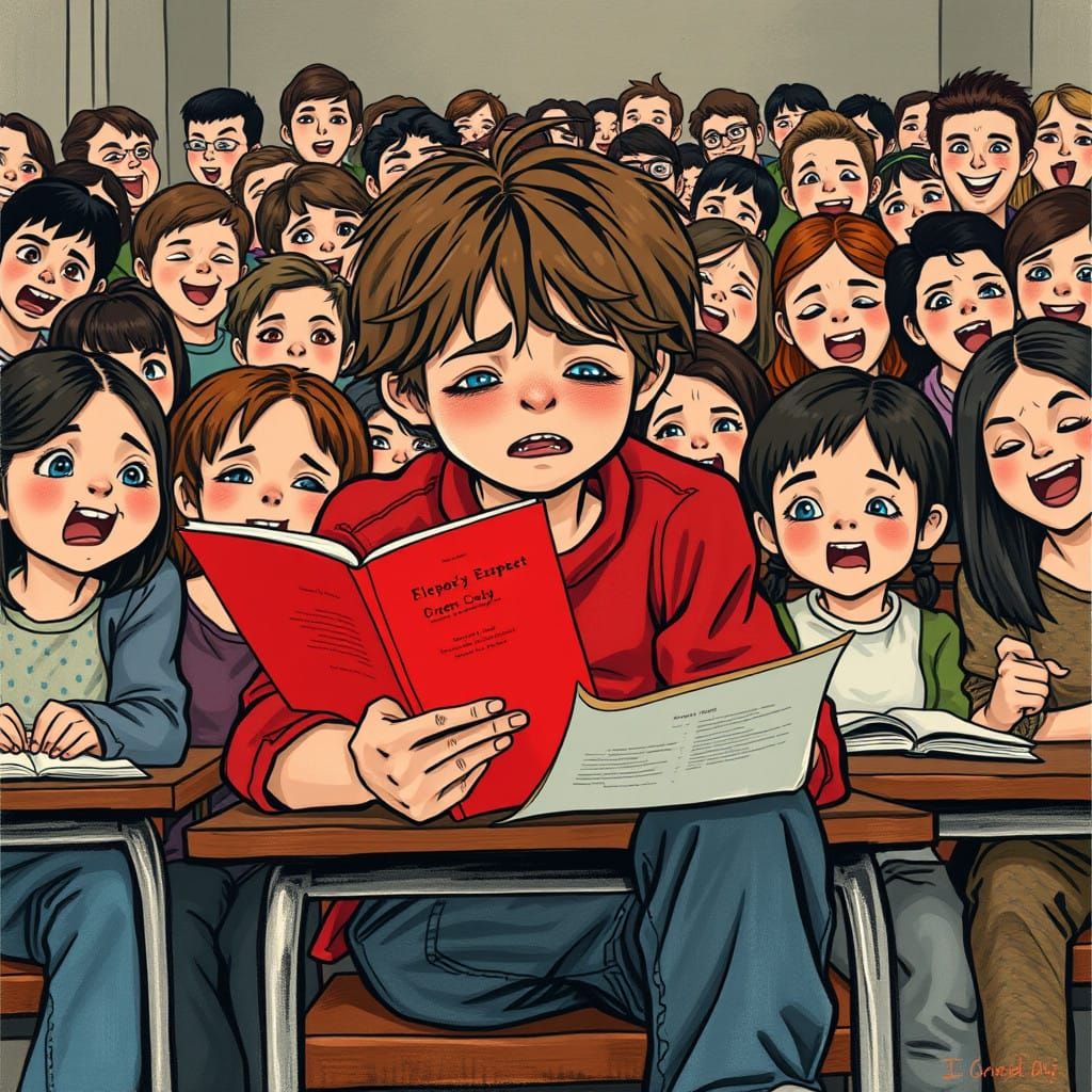 Teenage Boy Reads Sensitive Poem in Class, Surrounded by Moc...