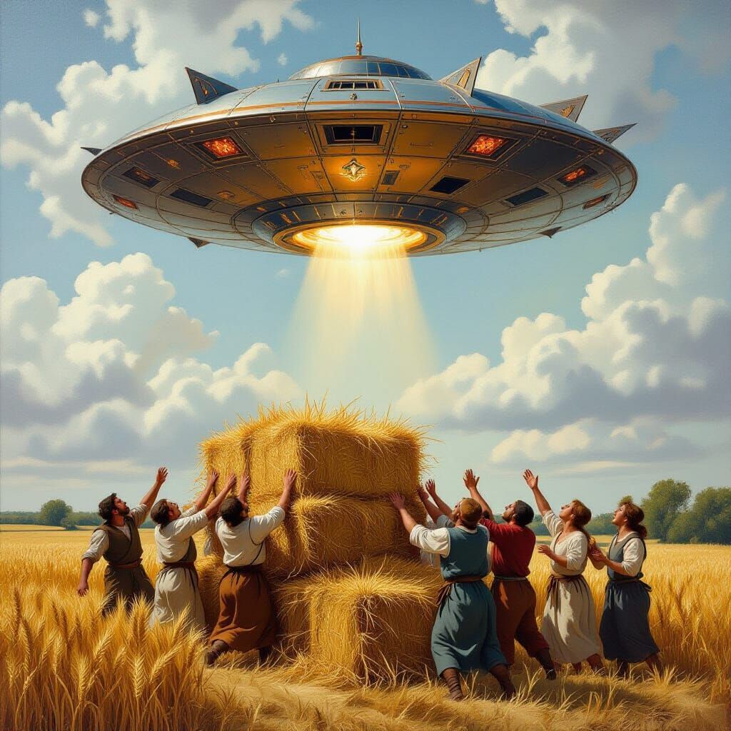 Medieval Harvest Terrorized By Gothpunk UFO Oil Painting