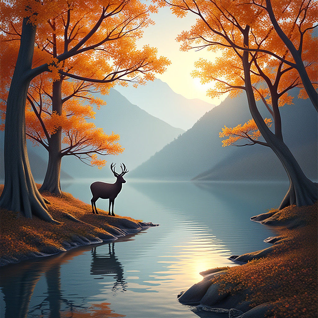 Autumn Deer in Serene Lakeside Fantasy Landscape
