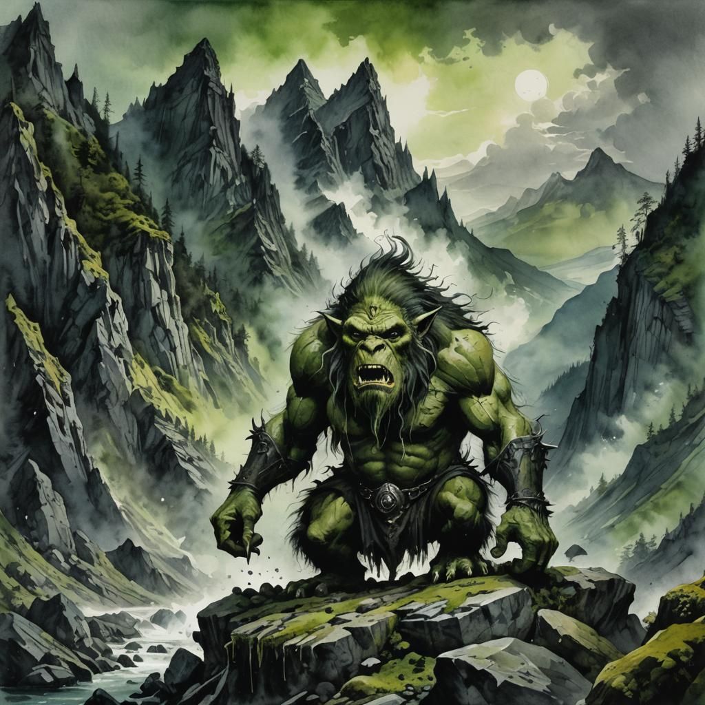 Watercolor Mountain Troll in Norse Mythology Style